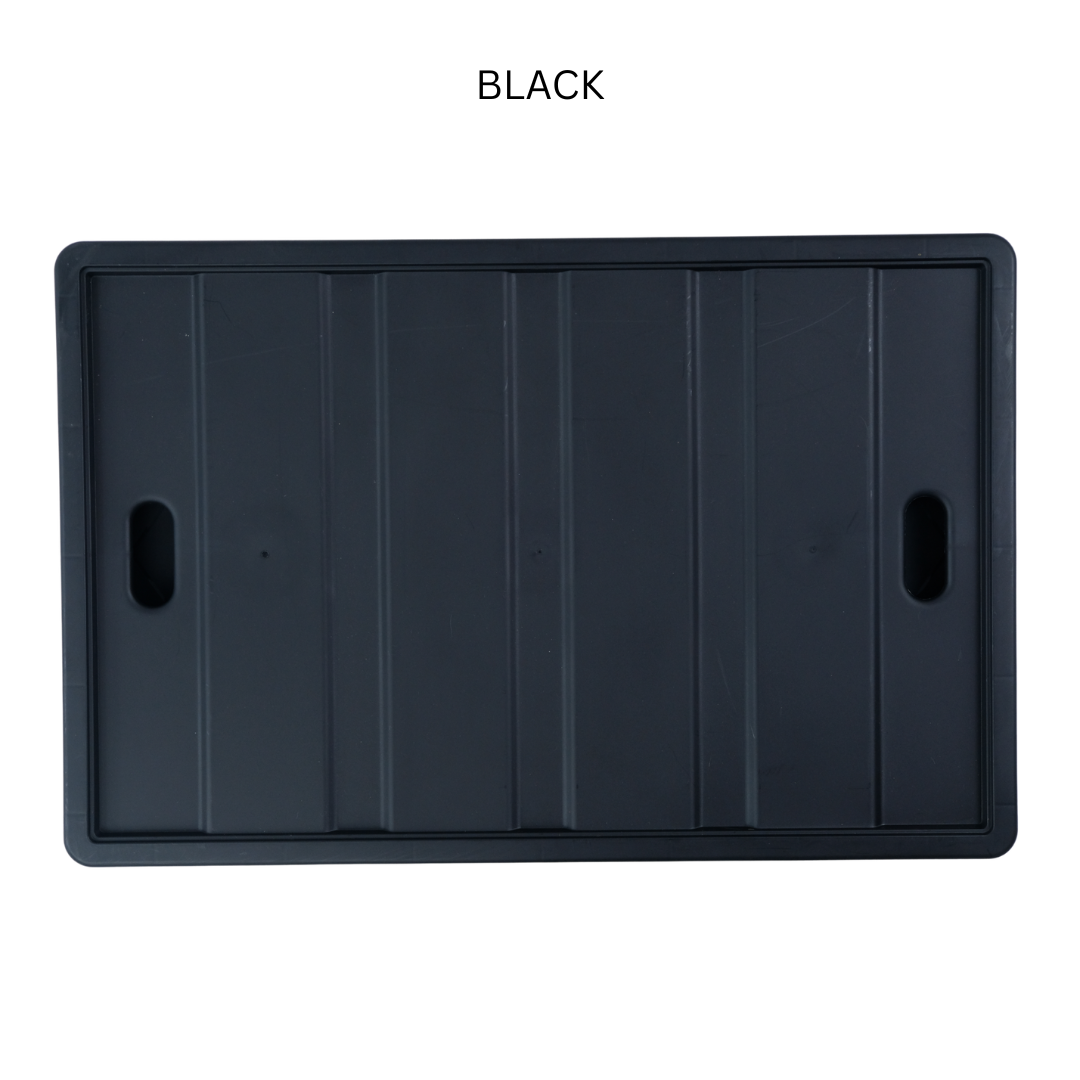 Black rectangular plastic tray on a white background