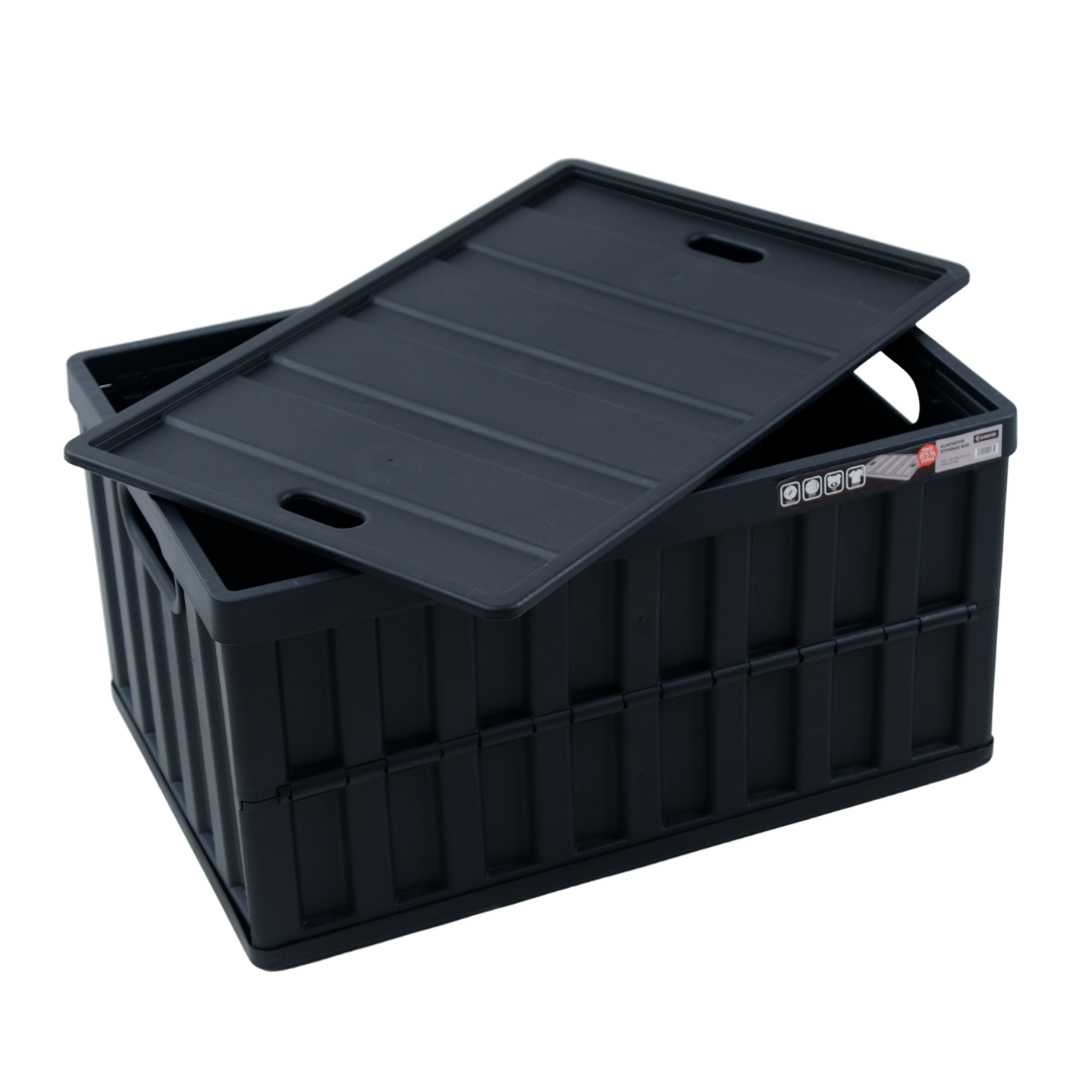 Black storage crate with lid on a white background
