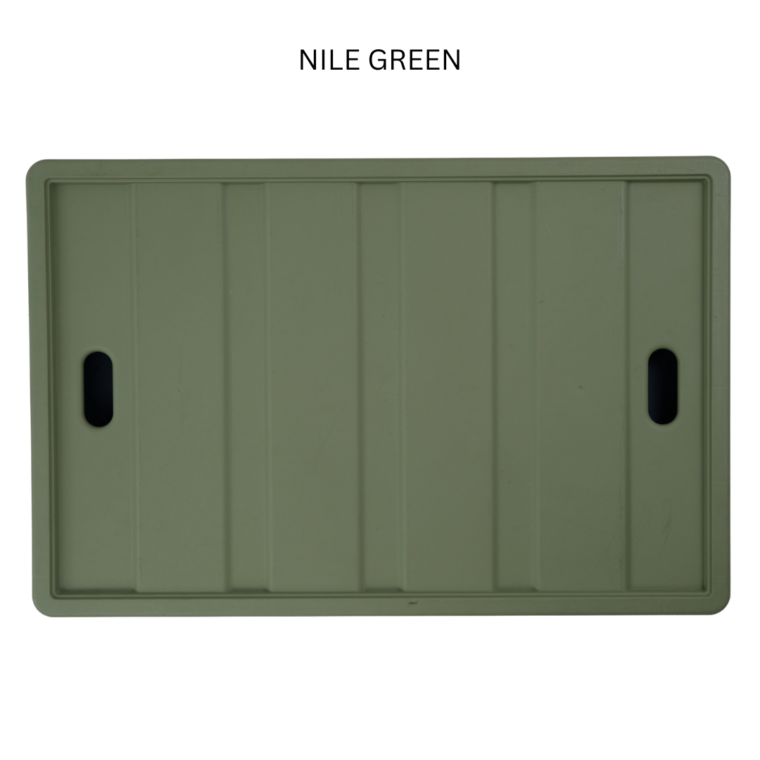 Nile green rectangular object with black handles on a white background