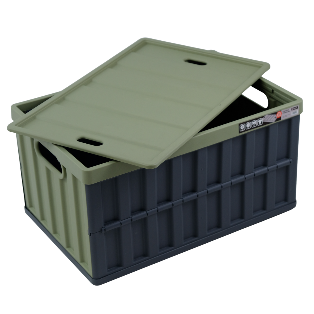 Green and black storage crate with lid on a white background